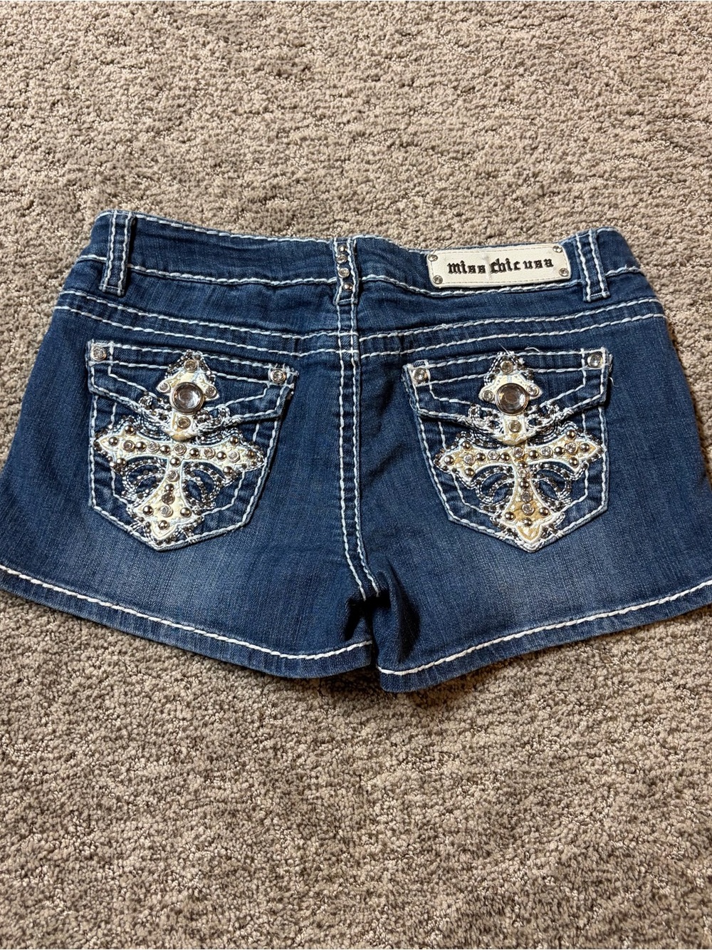 Miss Chic Jeans Blue Denim Shorts with Jeweled Cross Pockets